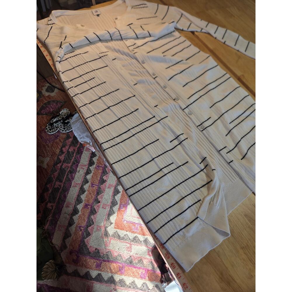 Cabi size large white long cardigan black stripe horizontal close knit cotton - Picture 10 of 13